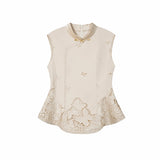 Flat lay of a beige sleeveless Cheongsam vest with a mandarin collar, side buttons, and a lace peplum hem, 100% polyester outer.