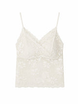 Flat lay of a beige floral lace camisole with a V-neckline, scalloped hem, and adjustable spaghetti straps, crafted from 90.8% Polyamide and 9.2% Elastane.