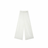 Flat lay of Beige pleated wide-leg pants with a delicate floral embroidered waistband, crafted from 100% polyester.