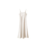 Flat lay of a beige satin slip dress with metallic strap details and a loose A-line silhouette, crafted from 100% polyester.