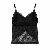 Flat lay of a black floral lace camisole with a V-neckline, scalloped hem, and adjustable spaghetti straps, crafted from 90.8% Polyamide and 9.2% Elastane.
