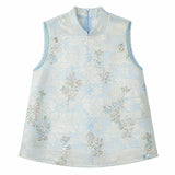 Flat lay of a light blue sleeveless Cheongsam vest with a mandarin collar, beaded edges, and intricate floral sequin embroidery, crafted from 100% polyester.
