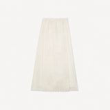 Flat lay of a cream white midi skirt with geometric embroidery and a scalloped hem, featuring an elastic waistband.