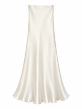 Flat lay of a cream white A-line maxi skirt with a lustrous satin finish, crafted from 65% Lyocell and 35% Viscose.