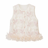Flat lay of a white sleeveless Cheongsam vest with pink floral embroidery, sequin details, and a layered ruffled hem, crafted from 100% polyester.