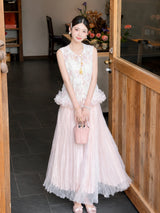 Model wearing a white Cheongsam vest with a ruffled hem, holding a pink handbag, showcasing the elegant 100% polyester fabric.