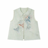 Flat lay of a light green sleeveless vest with a Peter Pan collar, intricate floral embroidery, and a front button placket.