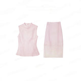 Flat lay of a light pink women's Cheongsam set with a sleeveless top and a matching A-line skirt, featuring floral embroidery.