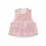 Flat lay of a pink sleeveless Cheongsam vest with round neck, button front, intricate floral embroidery, and scalloped lace hem, crafted from 100% polyester.