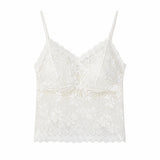 Alternate flat lay of a white floral lace camisole with a V-neckline and scalloped hem, showcasing the stretchy and delicate lace fabric.