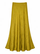 Flat lay of a yellow A-line maxi skirt with delicate floral jacquard pattern and smooth satin finish, crafted from 65% Lyocell and 35% Viscose.